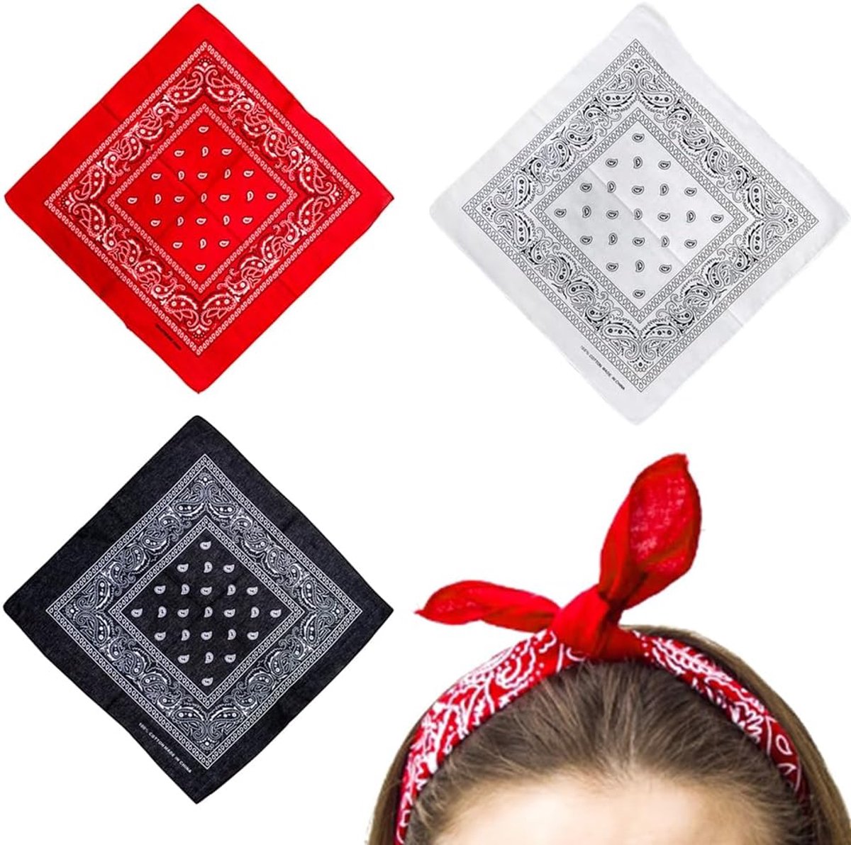 Bandana's, 3 stuks, bandana's voor dames en heren, met patroon, hoofdbedekking, bandana's, hoofdbedekking, bandana's, motorrijders, zwart, wit en rood