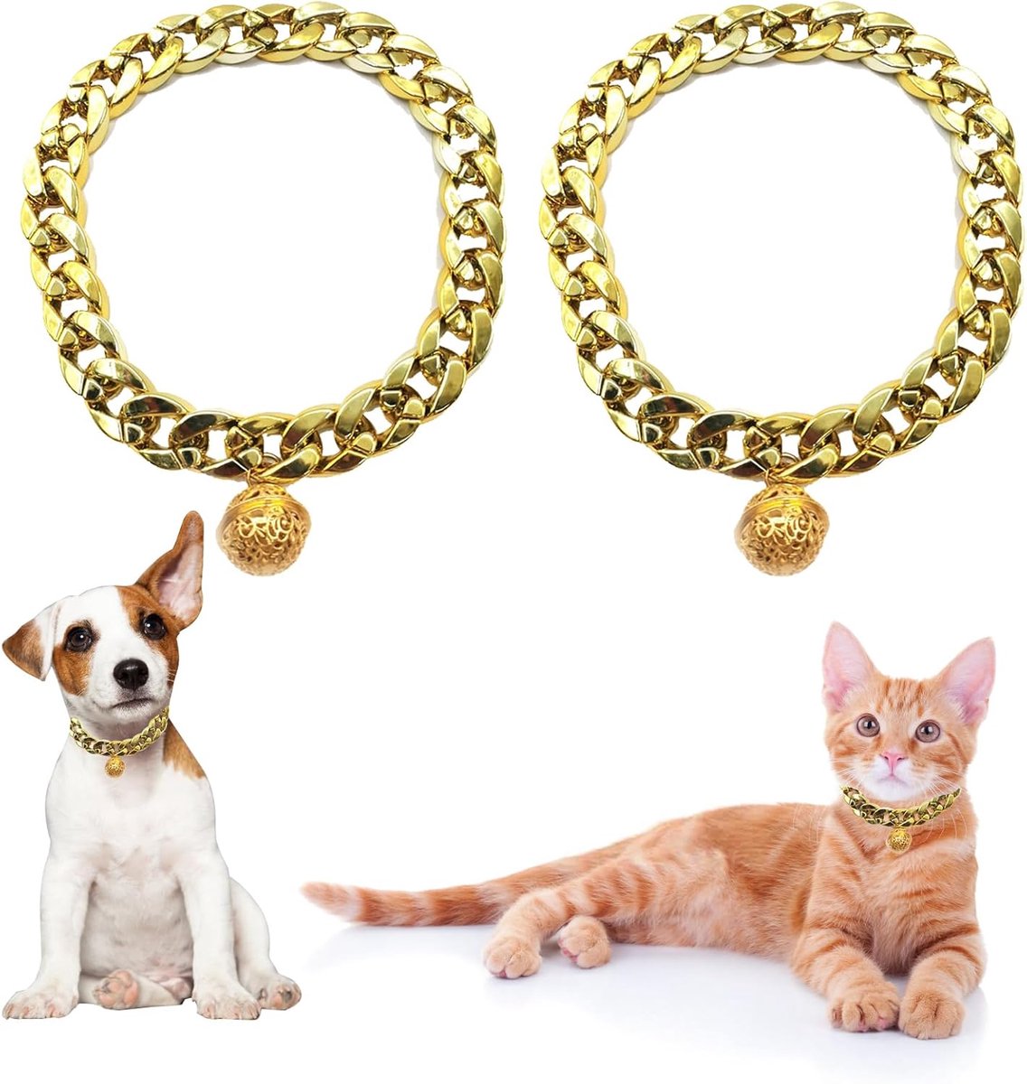 2 Stuks Hond Ketting Halsband Goud, Goudkleurige Hondenhalsband, Hond Choke Chain Collar Goud, met Bel, voor Fotografie, Decoratie