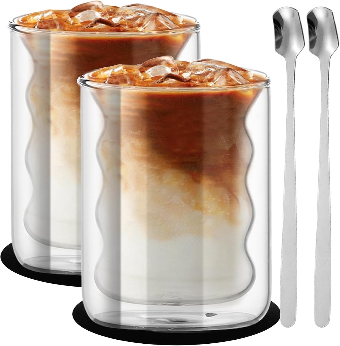 Set van 2 dubbelwandige glazen bekers voor koffie, espresso, thee en cappuccino, thermobekers met 2 lepels en 2 onderzetters