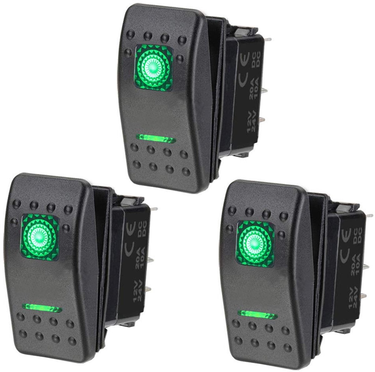 12V 20A Tuimelschakelaar Twee Groen Licht Schakelaar AAN/UIT/AAN SPDT Wipschakelaar Bediening Drukschakelaar Auto Vrachtwagen Boot Dashboard 5Pin Waterdichte