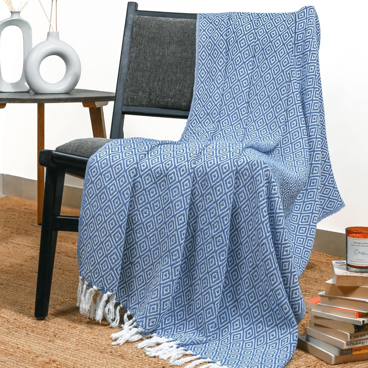 decoratieve gooi deken met witte kwastje - vintage zachte geometrische worpen en gezellige geweven dekens - blauw poedervorm - 50 x 60 inch