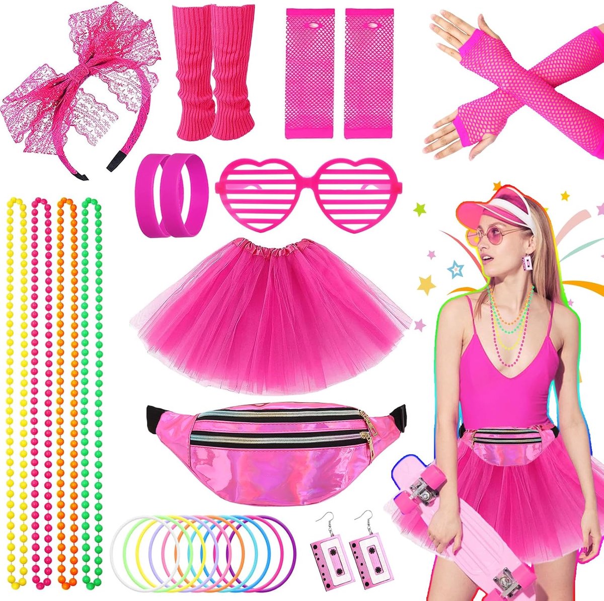 80 verkleedkleding voor vrouwen, jaren 80 feestkostuum accessoireset bumbag tutu rok beenwarmers oorbellen visnethandschoenen ketting bril armband hoofdband retro outfit voor jaren 80 feest