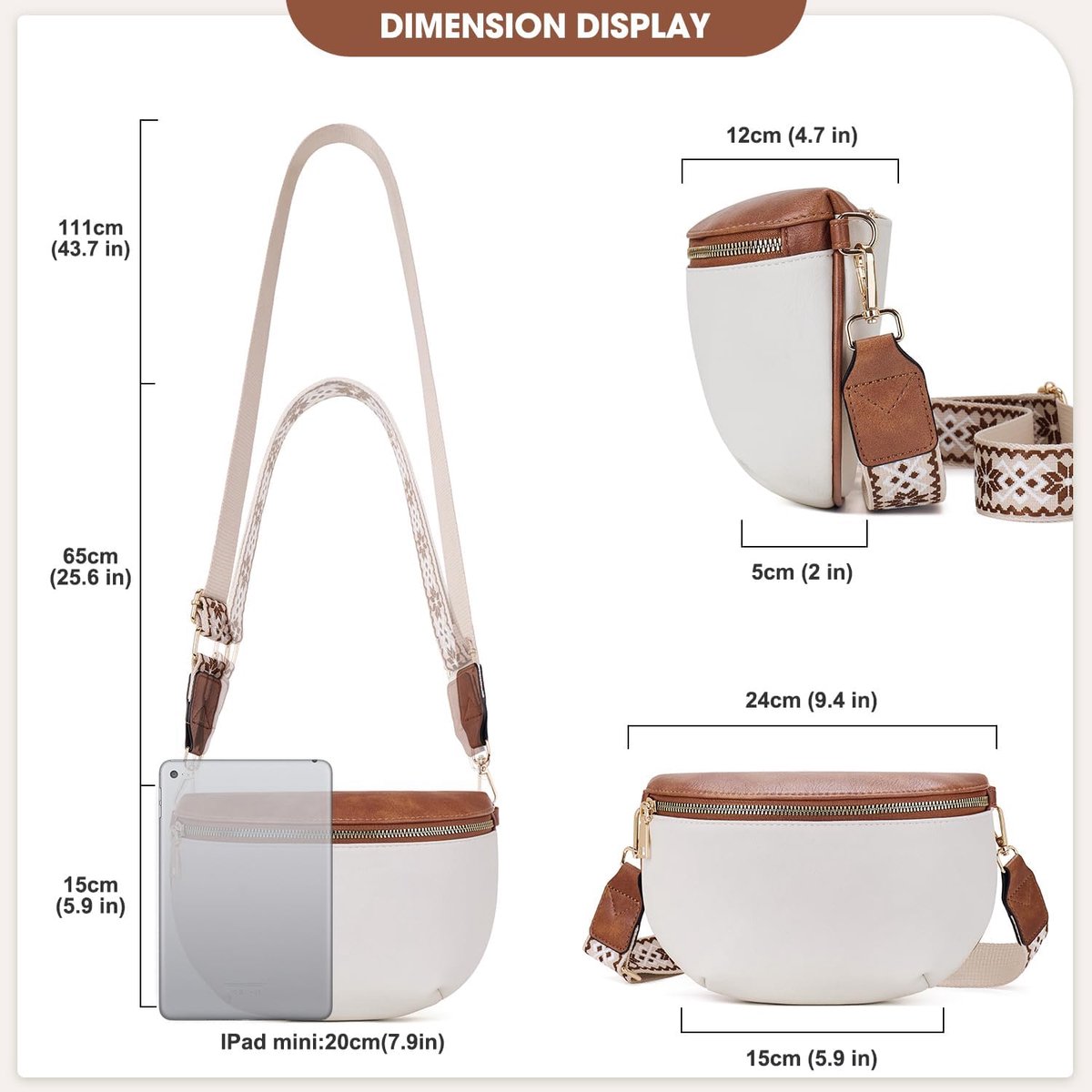 Schoudertas voor dames, veganistisch leer, crossbody schoudertas, brede riem, avondtas met drie vakken met ritssluiting, handtas met kaartsleuf, verstelbare afneembare schouderriem