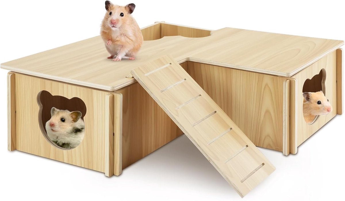 Houten Schuilplaats Hoek Hamster Accessoires, Verbergt Platform met Trappen, Speelgoed Kooi Decor voor Syrische en Dwerg Hamsters, Rat, Gerbil