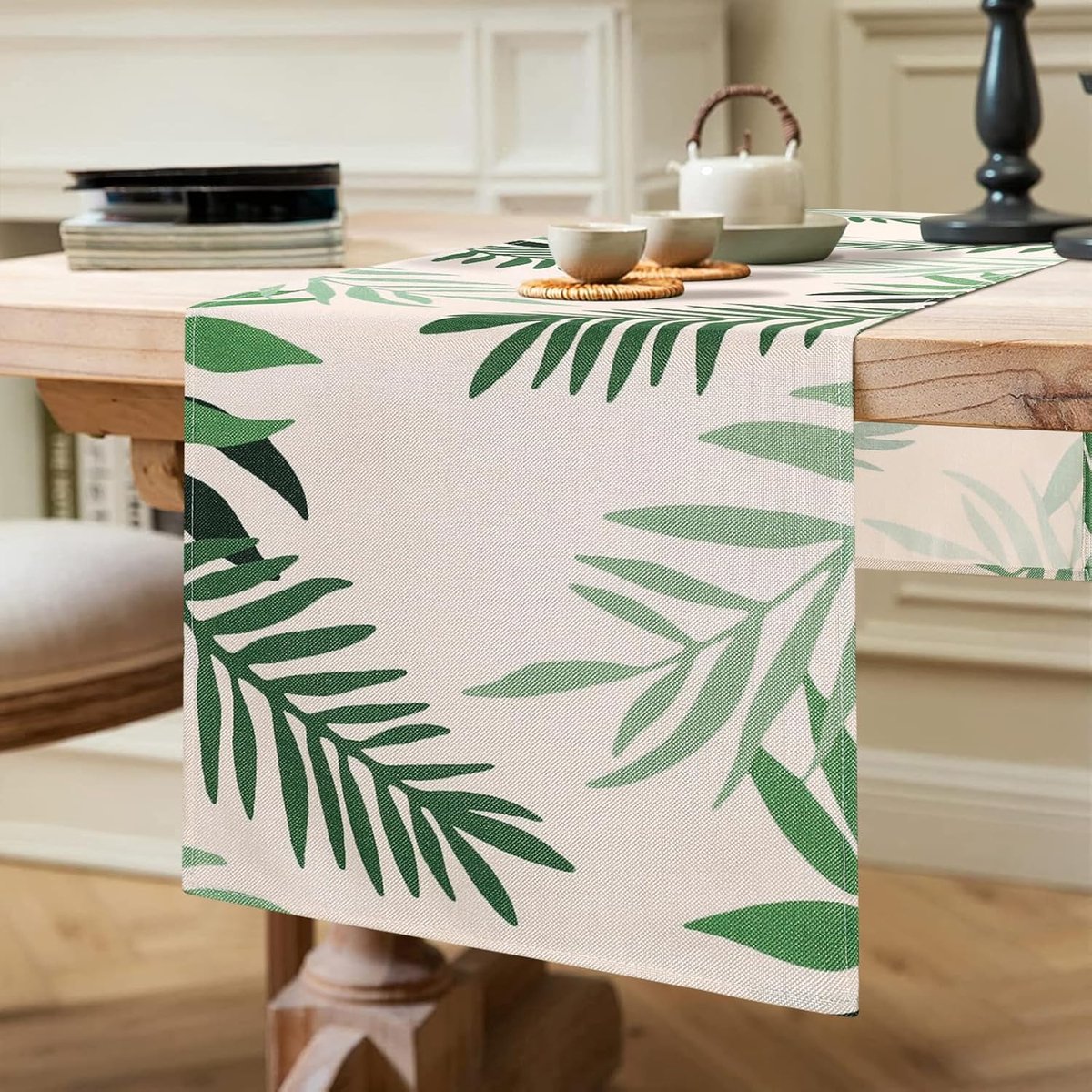 Tafelloper, modern, groen, bladeren, polyester, wasbaar, 40 x 140 cm