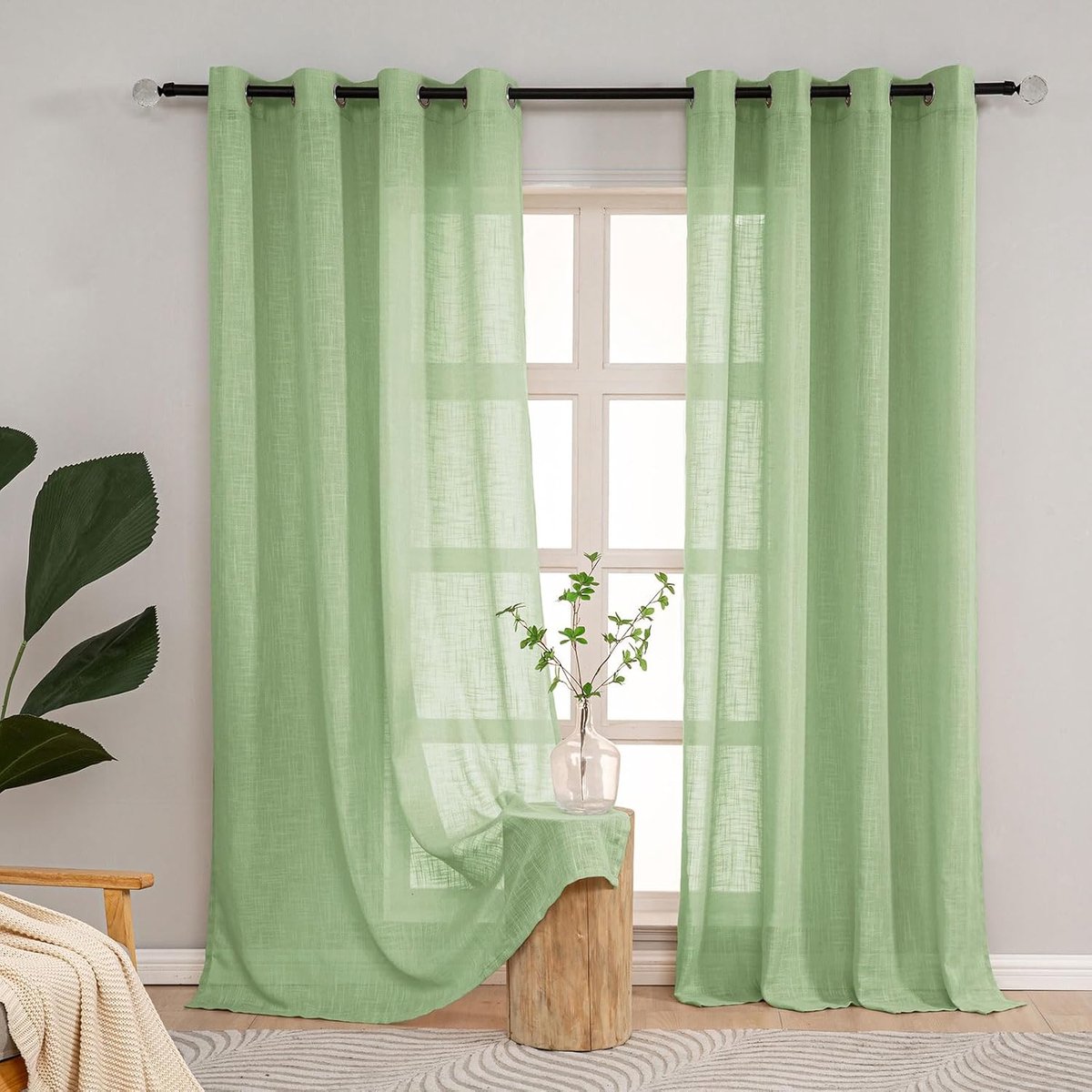 Gordijnen saliegroen semi-transparant, 178 cm val linnen look gordijn voor woonkamer slaapkamer ramen, zwaargewicht gaas semi-transparante gordijnen met oogjes, 2 panelen verpakking netgordijnen