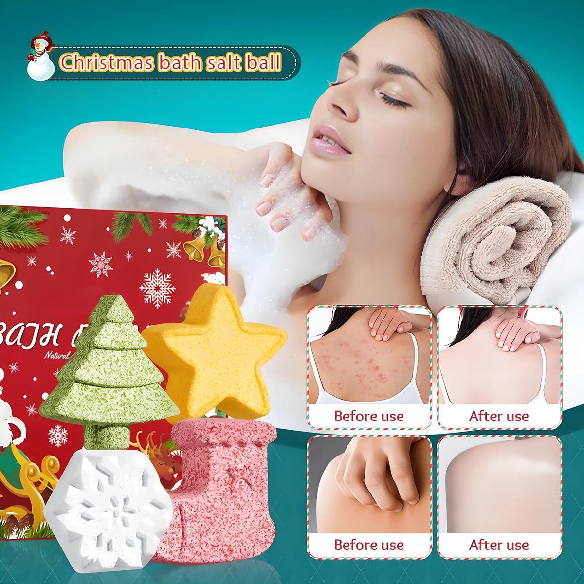 09 badbommen cadeauset, 4 stuks badbommen kerstcadeauset, badbommen voor vrouwen, Kerstmis, douche-bommen, vocht, zuivere natuurlijke etherische oliën,