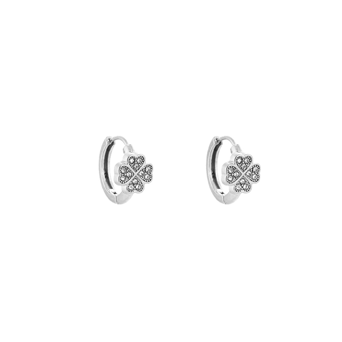 Sparkling Pave Zirconia Four-Leaf Clover Huggie Hoops – Luxe Oorringen met Zirkonia Klavertje – RVS - Zilver
