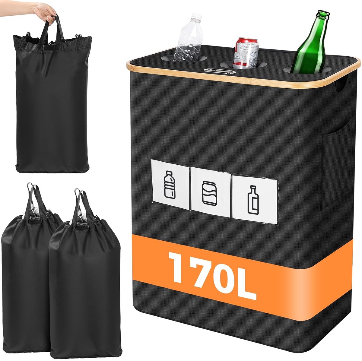 SnelShoppen - Grote 170L Afvalbak voor Pfandflessen met 3 Compartimenten - Duurzaam Bamboe en 600D Stof - Perfect voor Keuken, Tuin en Feesten