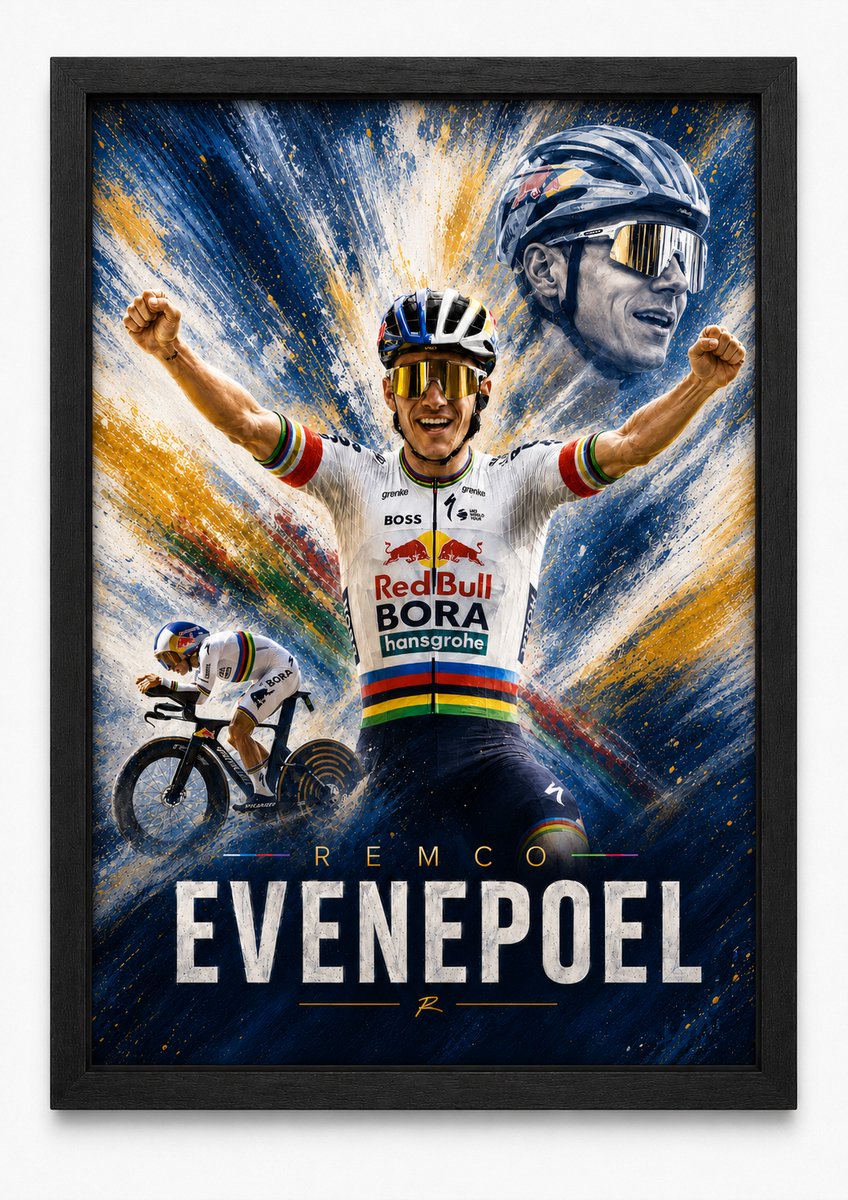 Remco Evenepoel Poster | Wielrennen Art | Sport Wanddecoratie | Inclusief Zwarte A4 Lijst