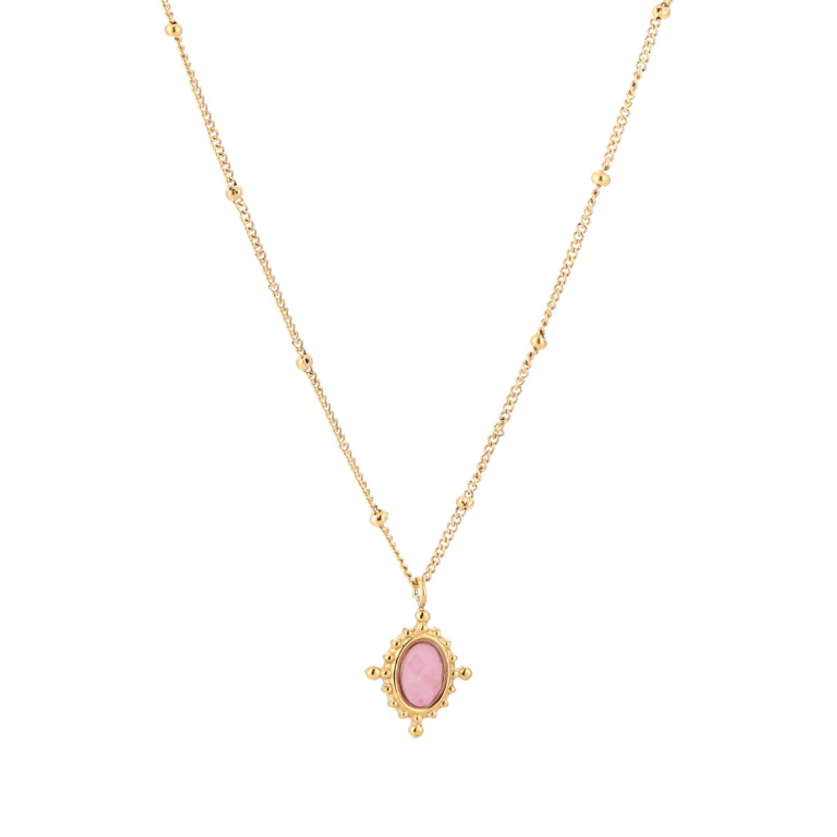 Boho Satellite Bead Chain Oval Turquoise Gemstone Pendant Necklace – Natuursteen Ketting BOHO – RVS - Roze