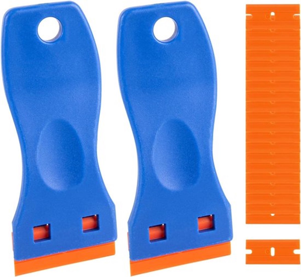 Set van 2 plastic schrapers met 20 vervangbare plastic bladen voor het verwijderen van lijm, stickers en labels op glas en marmer