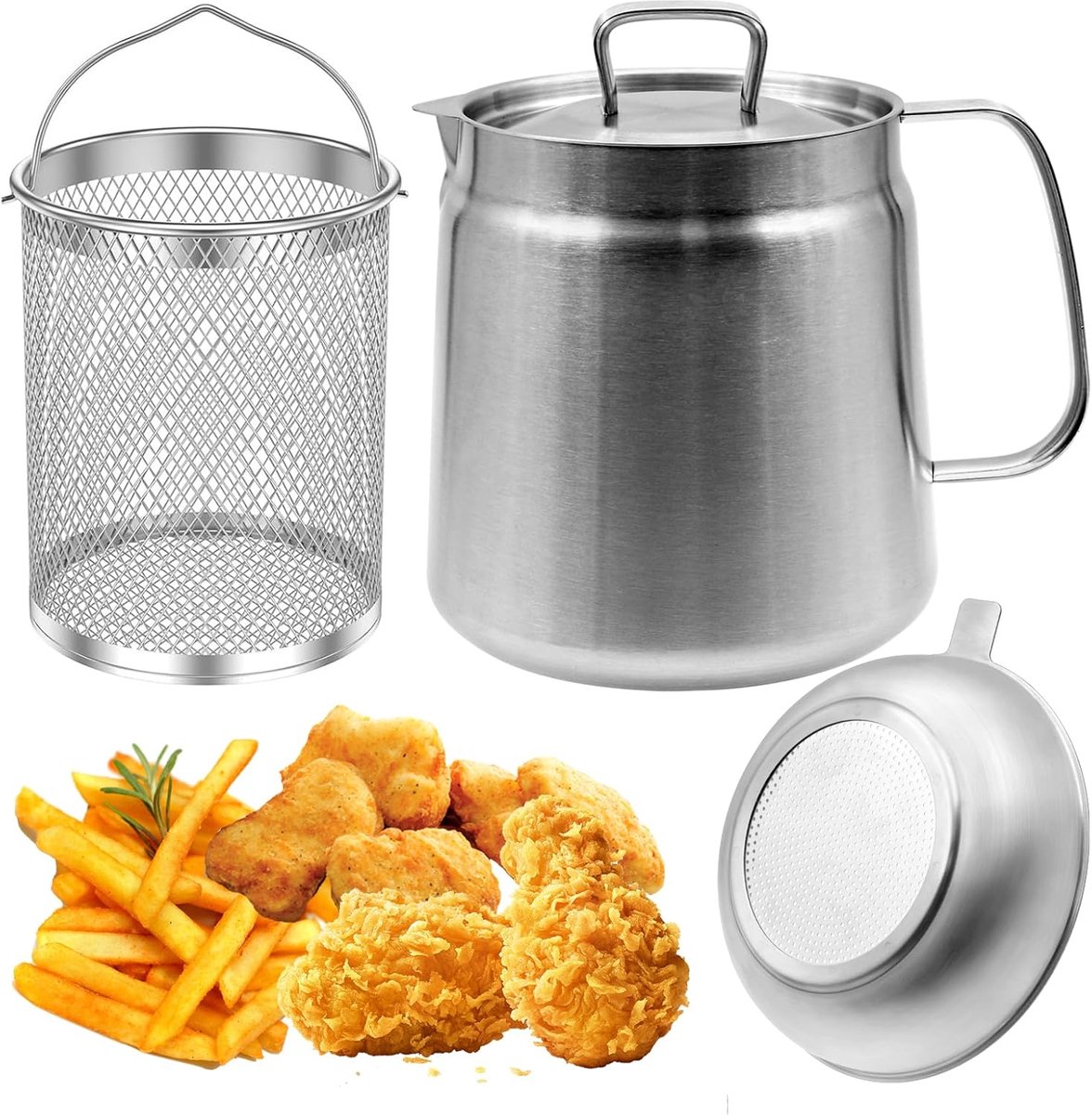 2 liter, 304 roestvrij staal, oliefilterpan met zeef en frituurmand voor de keuken, multifunctionele frituurnettank, vetcontainer