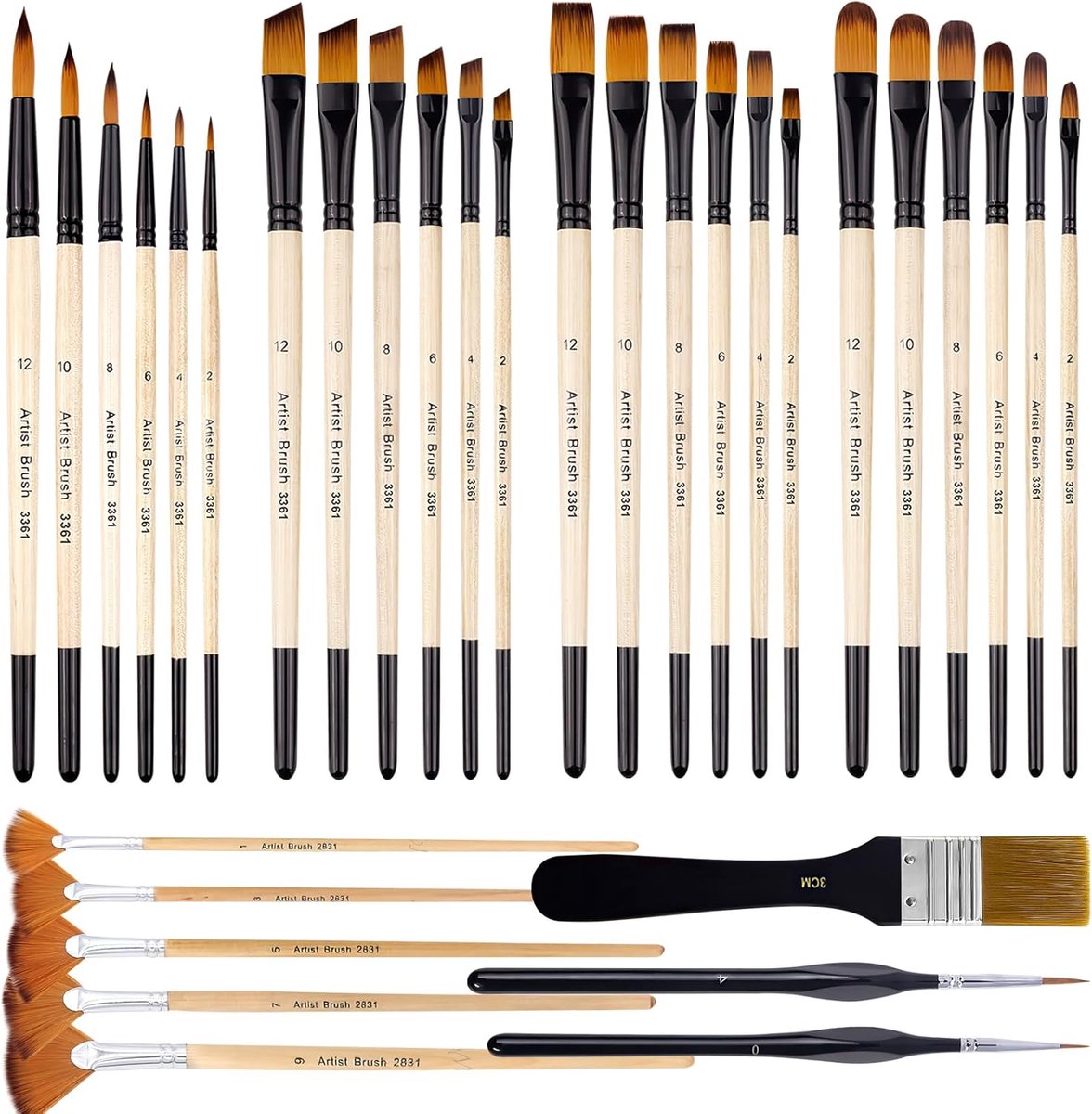 Penseelset acrylverf voor aquarel, olie, 32 stuks, kunstenaarskwasten | nylon, acrylkwast voor acryl, gouache, steenschilderen, geen haaruitval