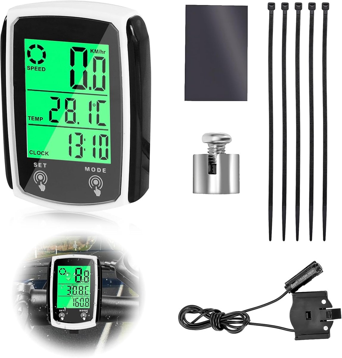 Fietscomputer, 19 functies, universele IP54-waterdichte fietssnelheidsmeter, kilometerteller met LCD-achtergrondverlichting, touchscreen, automatische start/stop, bekabelde fietscomputer