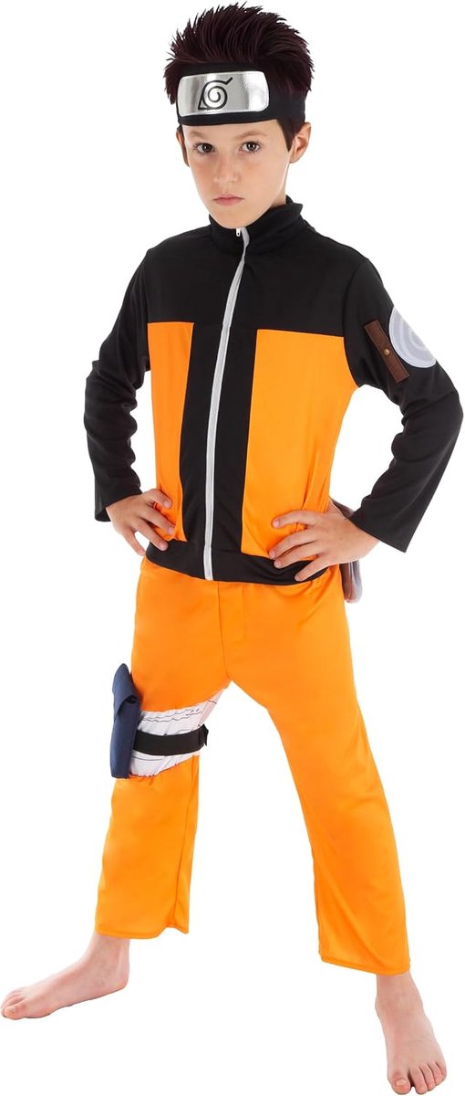 - Naruto-kostuum voor jongens, cosplay-anime-outfit | Officiële Naruto-outfit, 5-delige set met top, broek, bandana, heuptasje en beenband, carnaval
