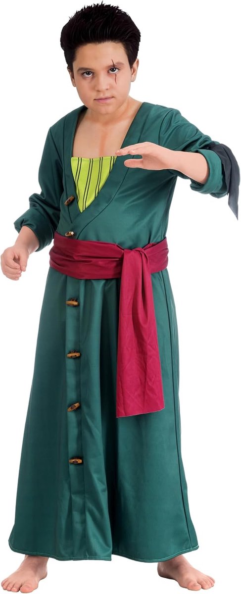 - Zoro-kostuum voor kinderen, anime-Set, cosplay | Officiële One Piece-outfit, 2-delige anime-set met jas en riem, cosplay voor carnaval en Comic Con