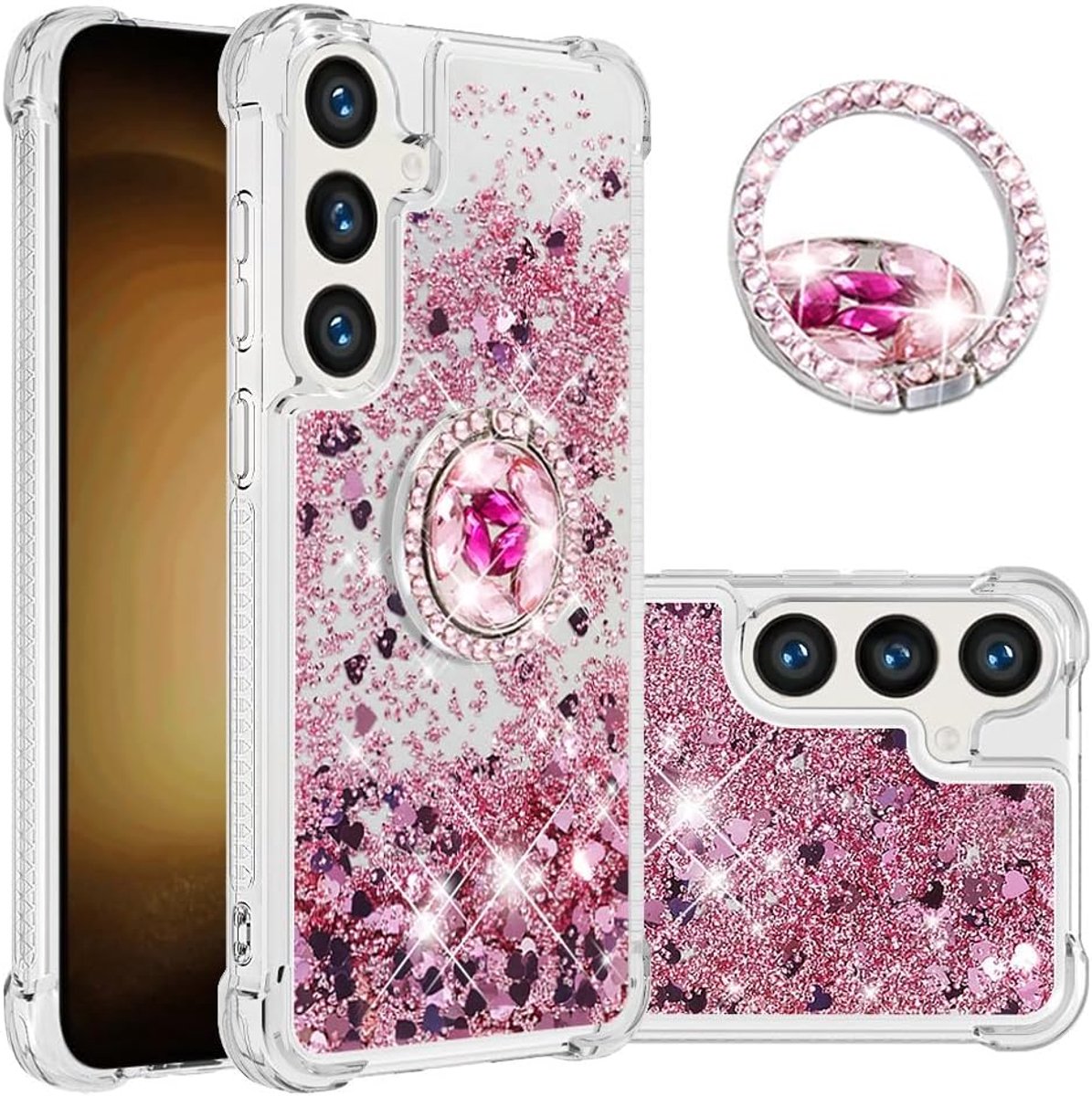 compatibel met Samsung S25 (6,7 inch) Bling Liquid Glitter Diamond Ring Shell Shockproof Airbag Beschermhoes Bumper Case voor Samsung Galaxy S25. YBK Love Rosegold