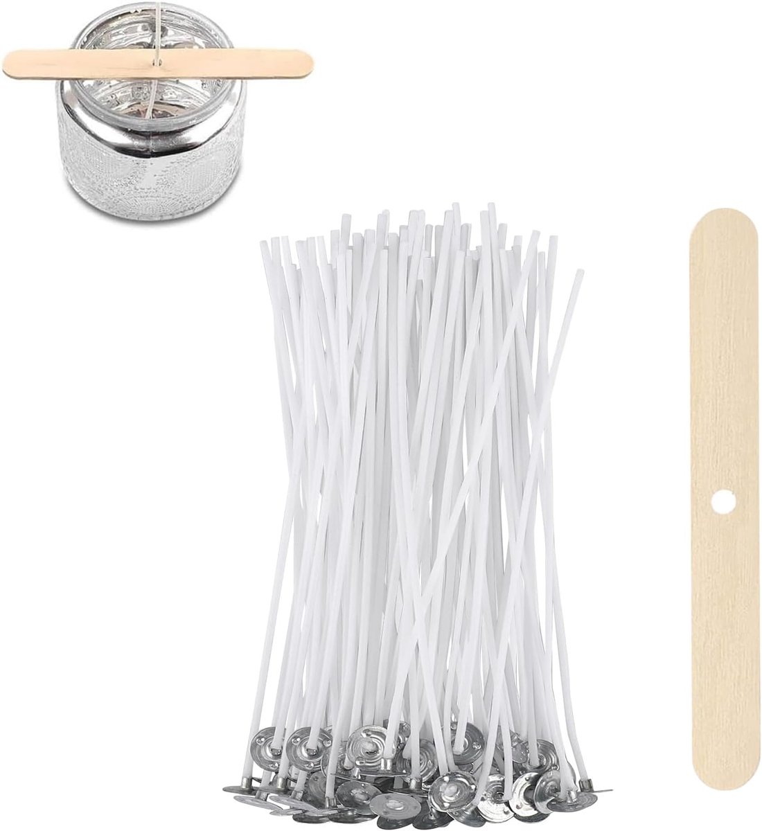 Pakket van 50 kaarslonten voor kaarsen, 10 cm kaarslonten met houten lonthouder, natuurlijke organische katoen, voorgewaxt met sojawas, kaarslont voor het maken van kaarsen, DIY kaars