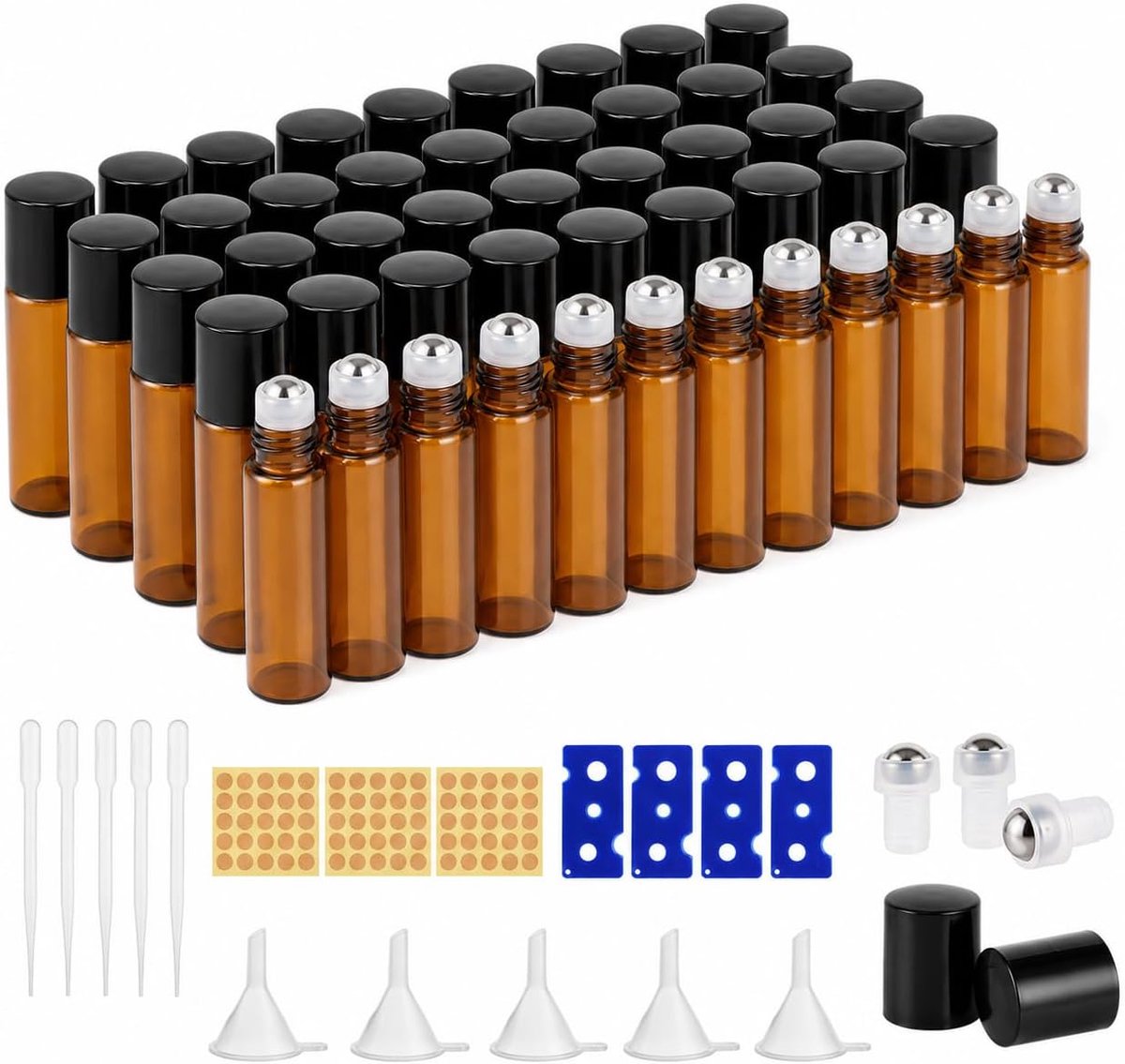 50 stuks roll-on glazen flessen voor etherische oliën, 5 ml met roestvrijstalen rollerballen, kleine bruine roll-on fles met rolbol voor etherische olie, spa, massage, aromatherapie