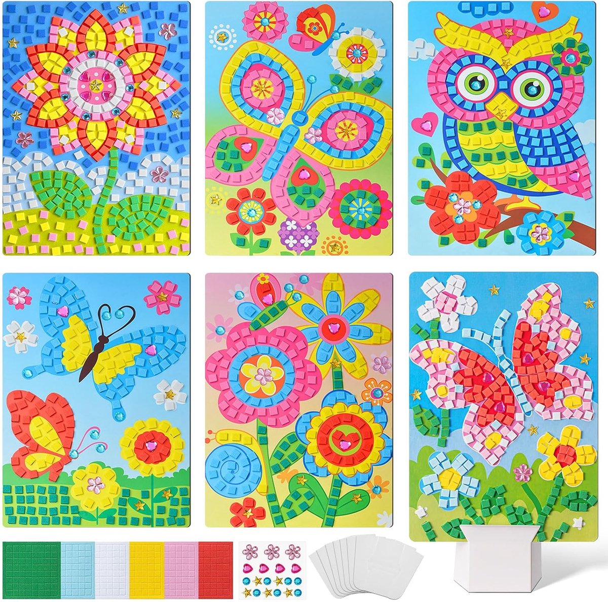 6 stuks lente mozaïek knutselset voor kinderen mozaïek stickerset mozaïek plakafbeeldingen voor meisjes jongens zelfklevende creatieve set voor kinderverjaardag cadeau party bezigheid (klassiek
