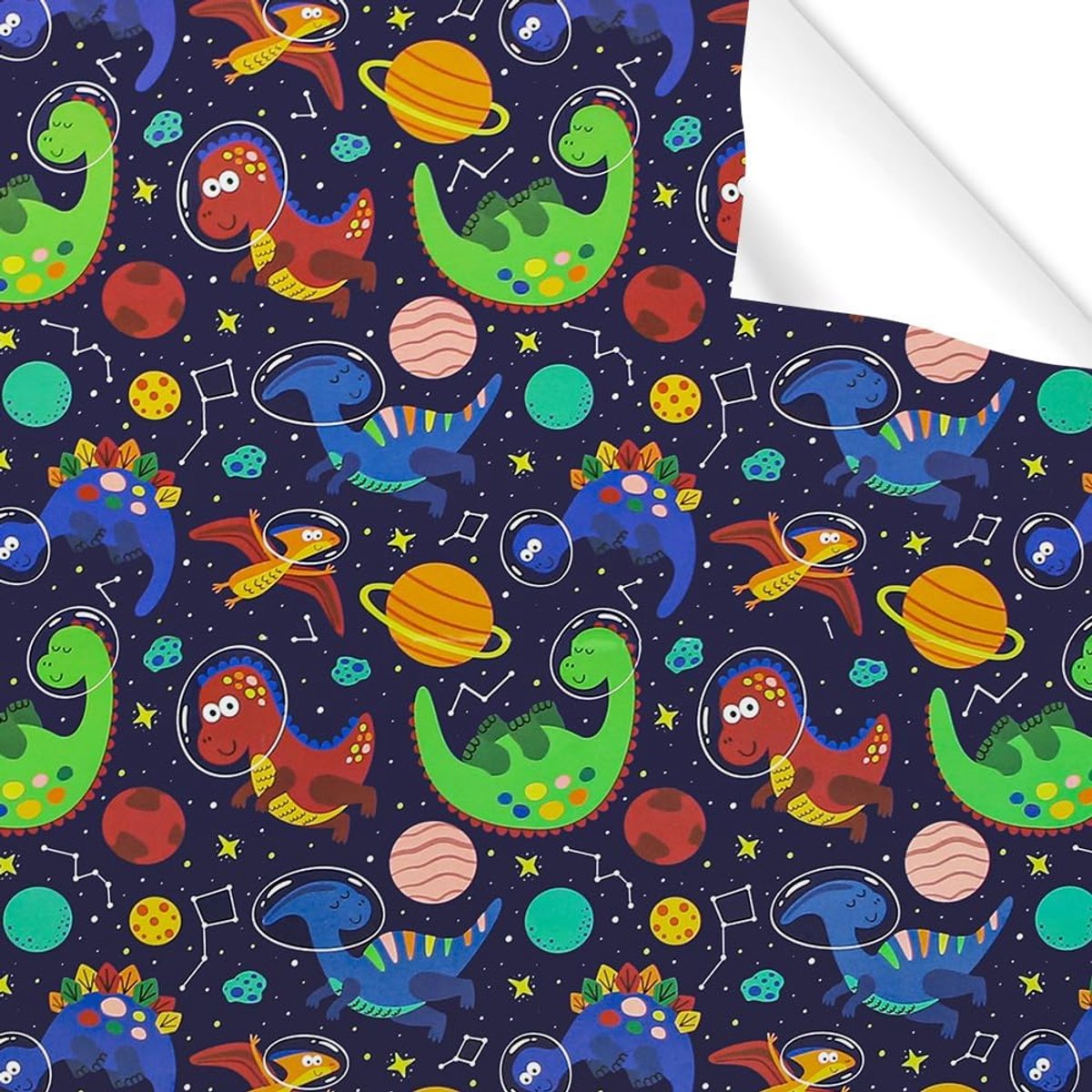 Dinosaurus in de ruimte verjaardag inpakpapier voor kinderen meisjes jongens, babyshower, verjaardag, 4 vellen planeet marineblauw papier plat gevouwen 50x70 cm per vel