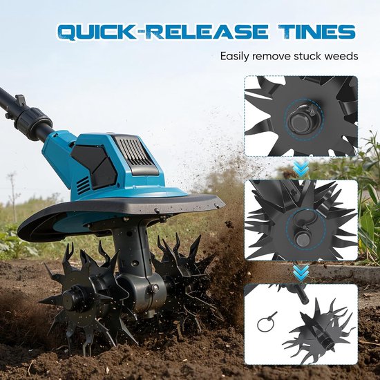 Elektrische Grondfrees - Tuinfrees Bodemwoeler - Tuinonderhoud Bodembewerking - Draadloos Werken 2 Accu's - 23 cm Werkbreedte - Blauw — afbeelding 3