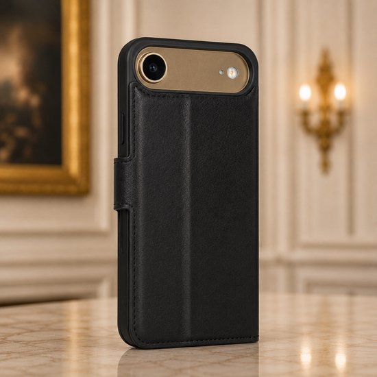 Zwarte leren telefoonhoes op de achterkant, met gouden camera-afdekking.
