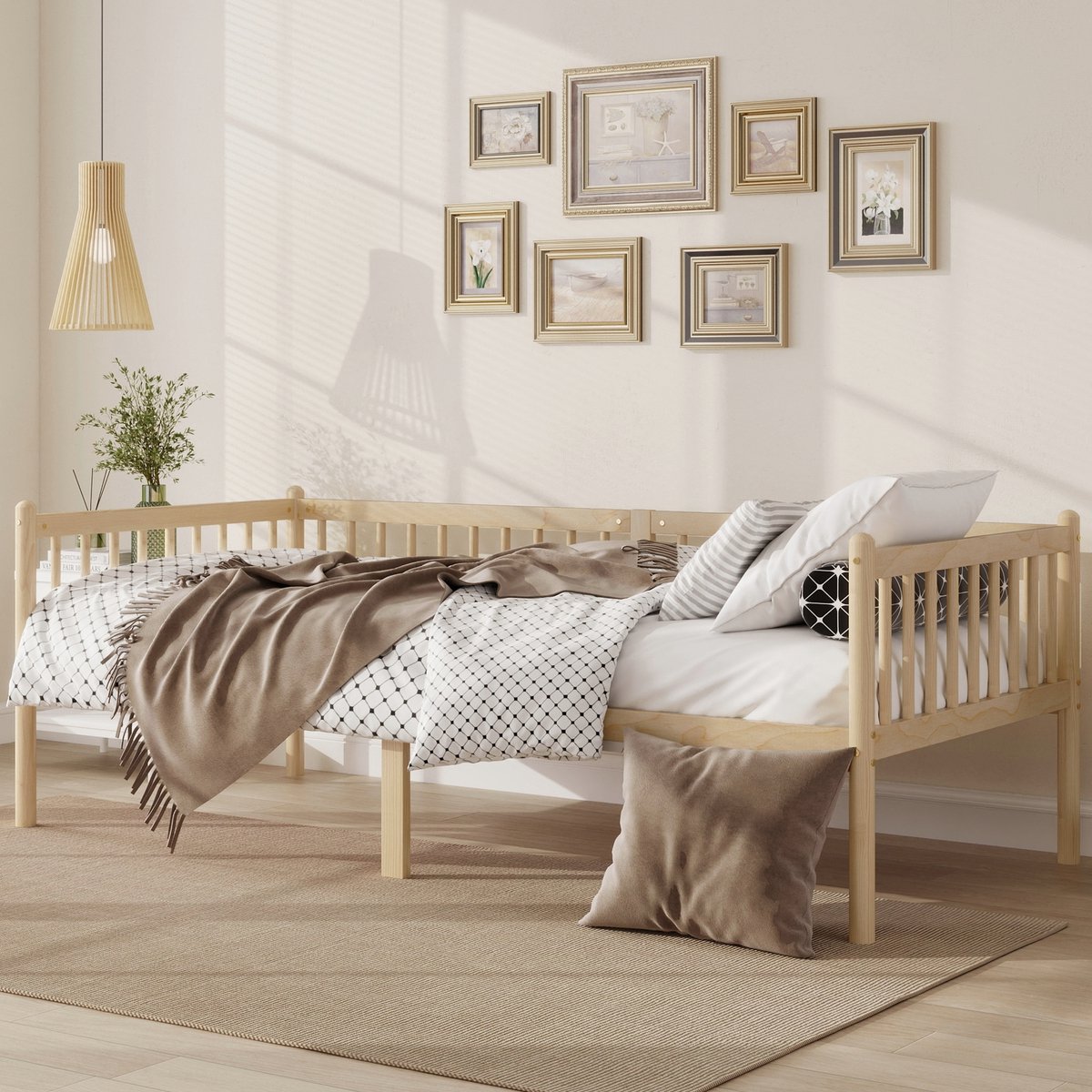 Slaapbank 90x200 cm - Eenpersoons Bed Met Driedelig Veiligheidshek en Lattenbodem - Zonder Matras - Houten Bedframe - Naturel