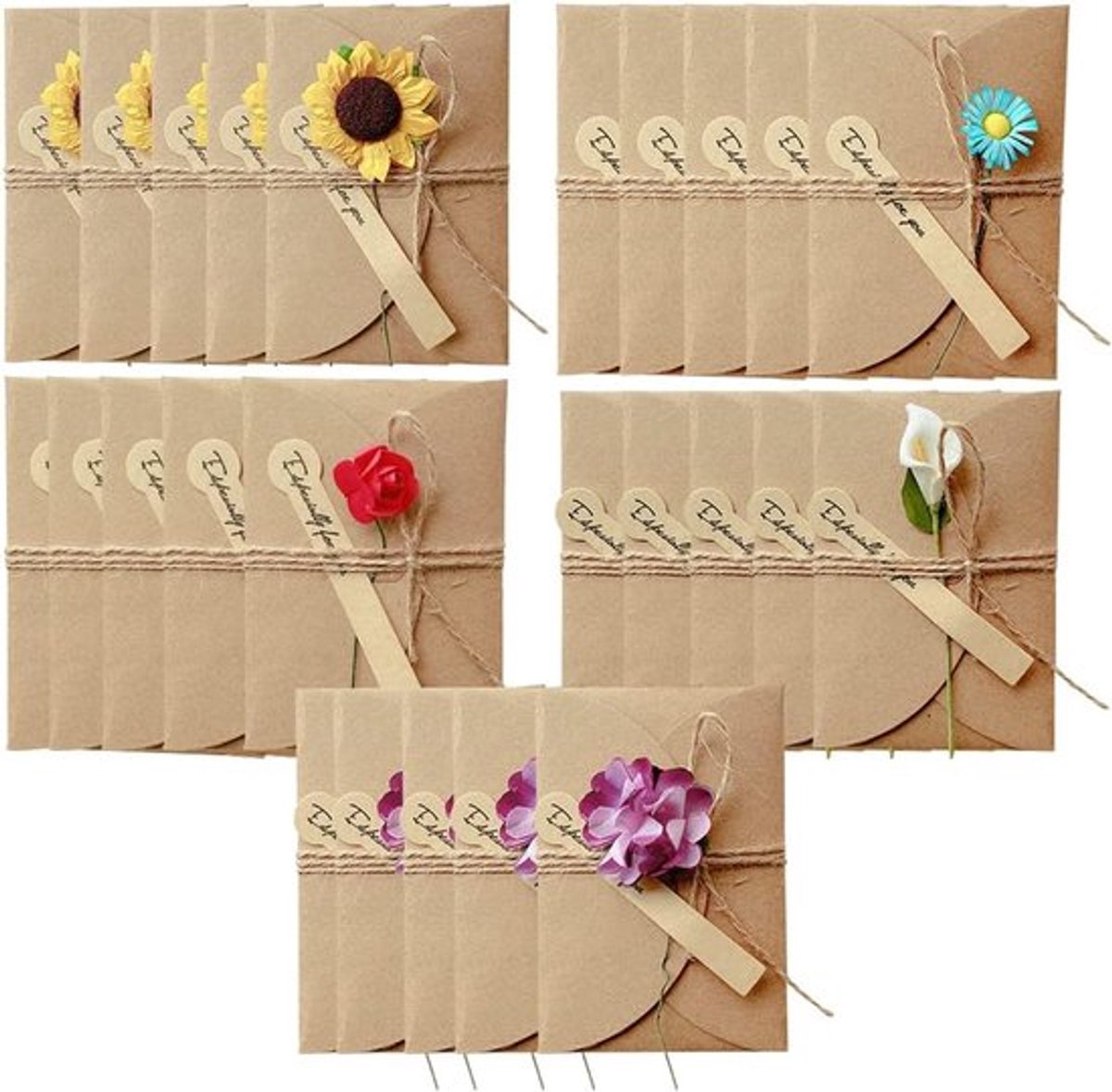 25 Gedroogde Bloemen Wenskaarten - Doe-het-zelf Wenskaart - Handgemaakt Vintage Kraftpapier Blanke Kaarten - 105 × 71 mm - 5 Types - Creatieve Wenskaarten