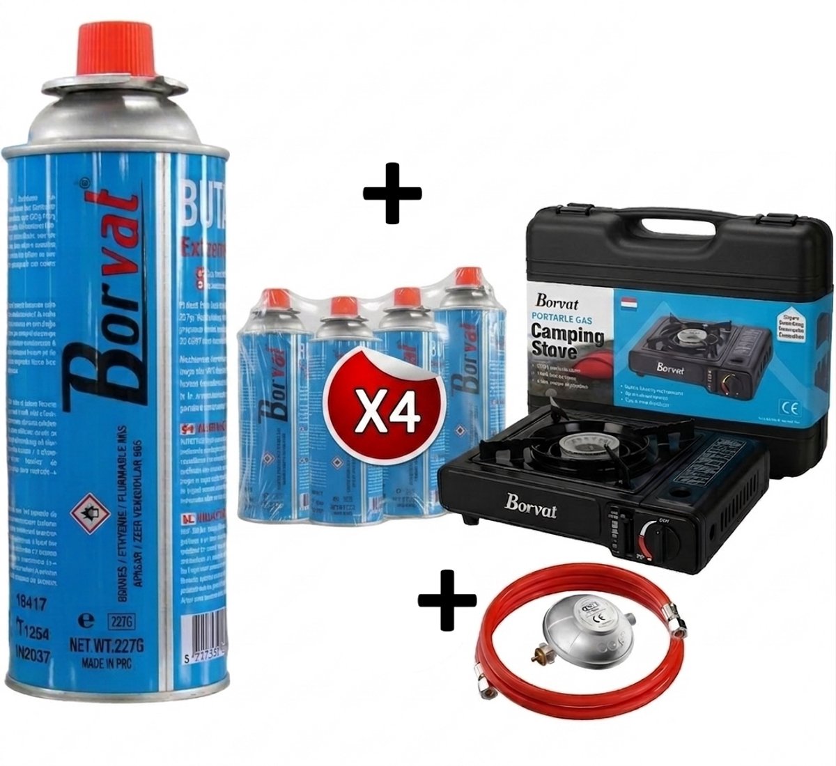 Borvat® Camping Gasfornuis - Draagbaar Kookstel - Inclusief Gasslang, 50 mbar Drukregelaar en 4 Butaan Gaspatronen 227g - Zwart