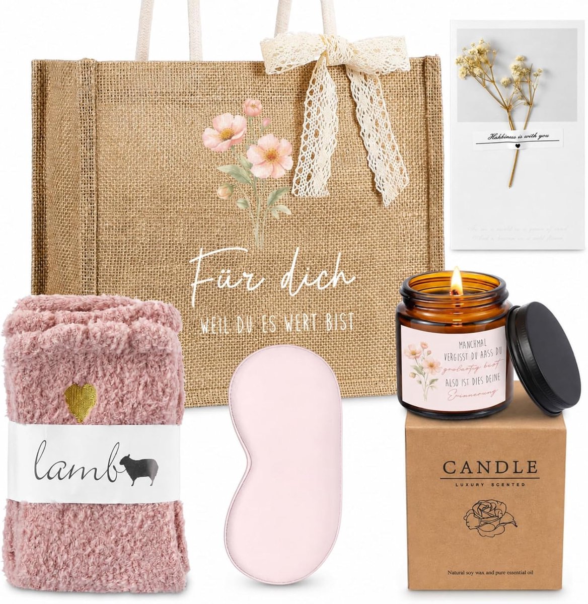 SnelShoppen - Pensioencadeaus voor Vrouwen - Wellness Cadeaupakket met Jute Tas, Geurkaars, Sokken en Slaapmasker voor Verjaardag, Afscheid en Collega