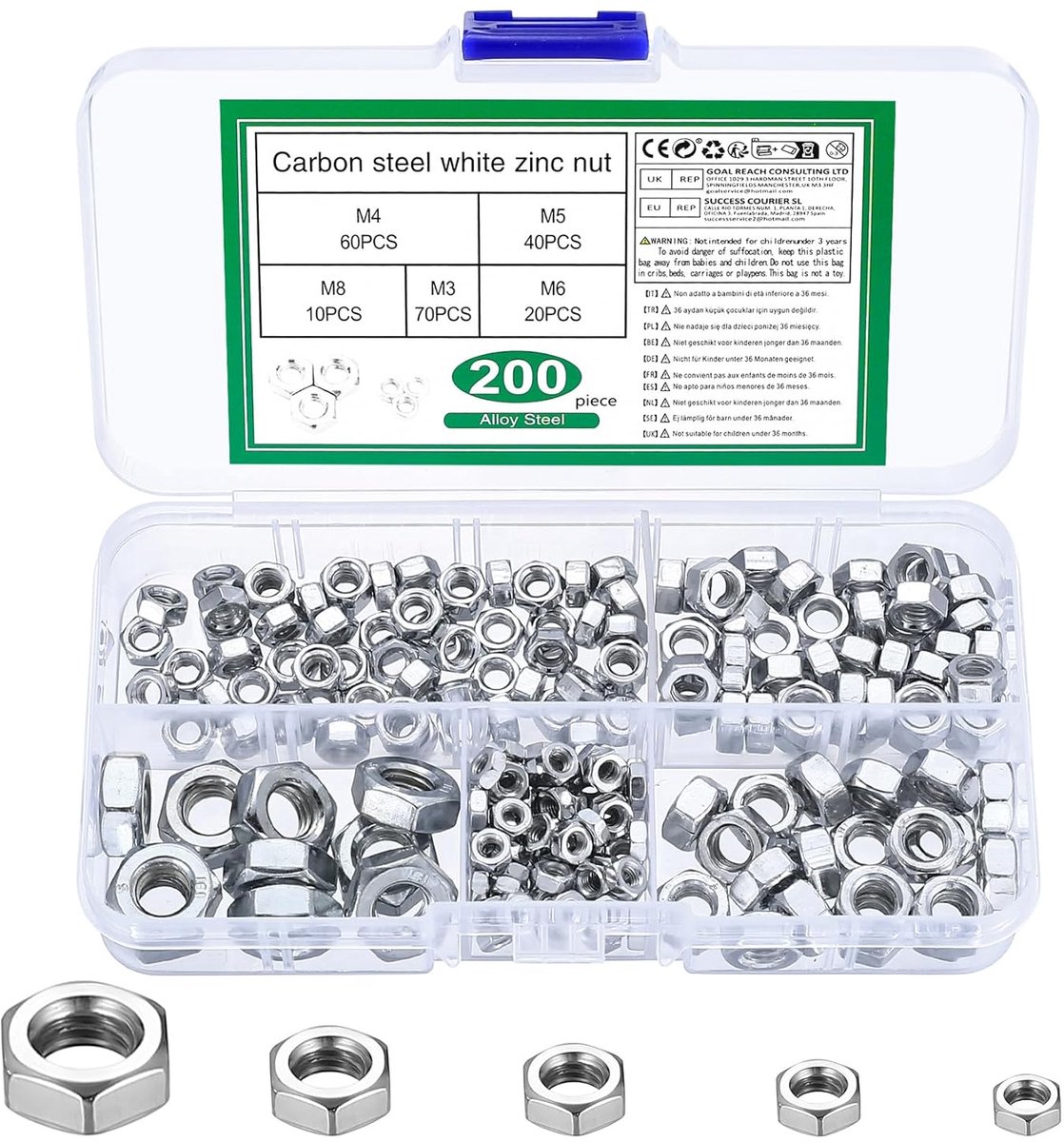 SnelShoppen - 200pcs Hex Nuts M3 M4 M5 M6 M8 Assortiment - Carbon Staal Lock Nuts Plug Nuts Set - Zelfsluitende Moeren voor Schroeven en Draadstangen