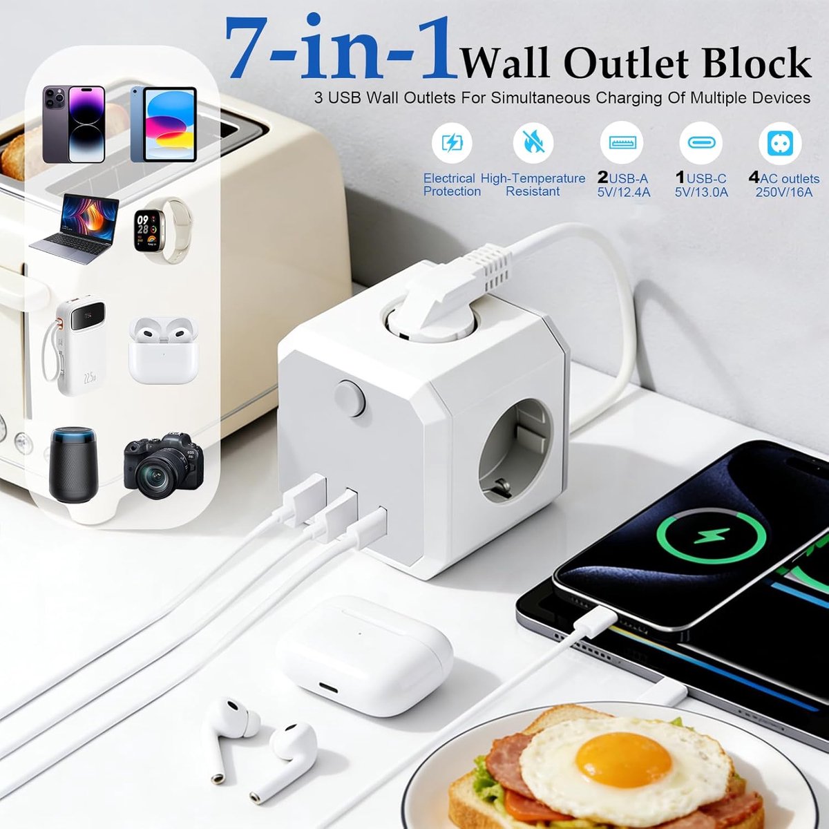 SnelShoppen - Stekkerdoos Kubus met 4 Stopcontacten en 3 USB-poorten, USB-C, Kindersloten, Overspanningsbeveiliging, Brandwerend Materiaal, Ideaal voo