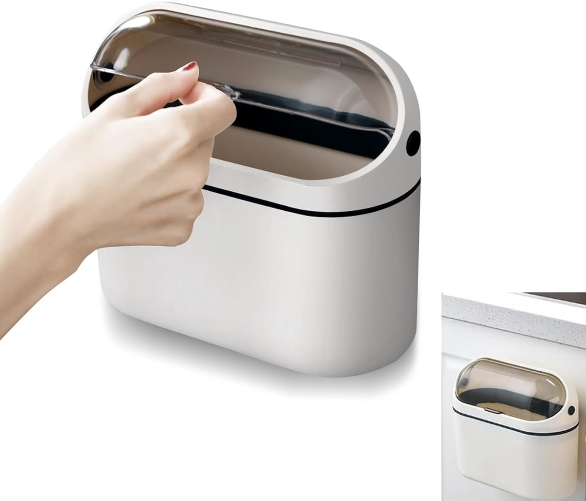 SnelShoppen - Mini Desk Basket met Deksel 2L, Wandhangende Tafelafvalbak voor Keuken, Slaapkamer, Badkamer, Wit (20.5 x 10.2 x 19 cm)