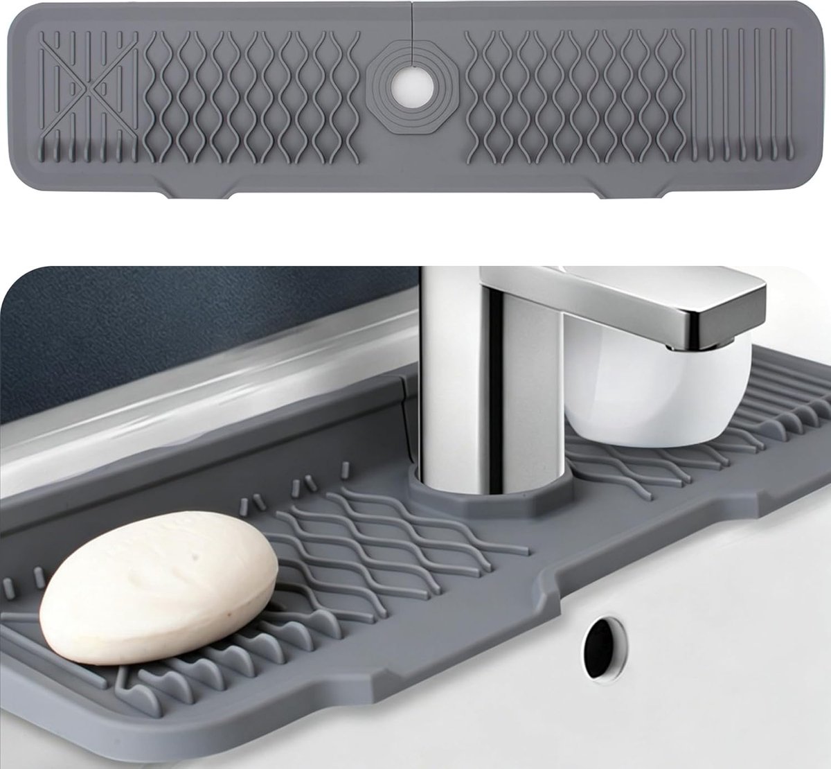 SnelShoppen - Veki Siliconen Tapmat voor Afvoerwater, Keuken en Badkamer Splash Guard, Waterabsorberende Mat, Grijs 60 cm - Efficiënte Werkbladbescher
