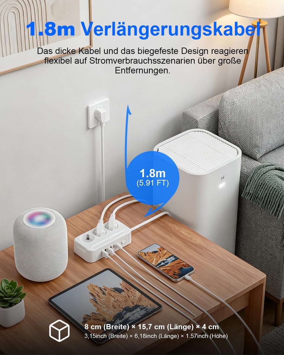 SnelShoppen - Stekkerdoos 3-voudig met USB-C en 4 USB-A, 1,8 m Kabel, Schakelaar, Wandmontage, 2500 W, Wit voor Keuken en Kantoor