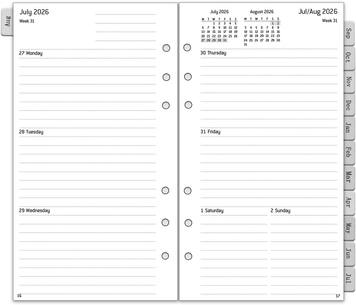 Thijox - 2026/2027 Weekplanner A6 Inleg Personeel, 6 Gaten, 1 Week 2 Pagina's met Tabs, Notities & Contact, Kalendervulling Aug 2026 - Jul 2027, 100 g