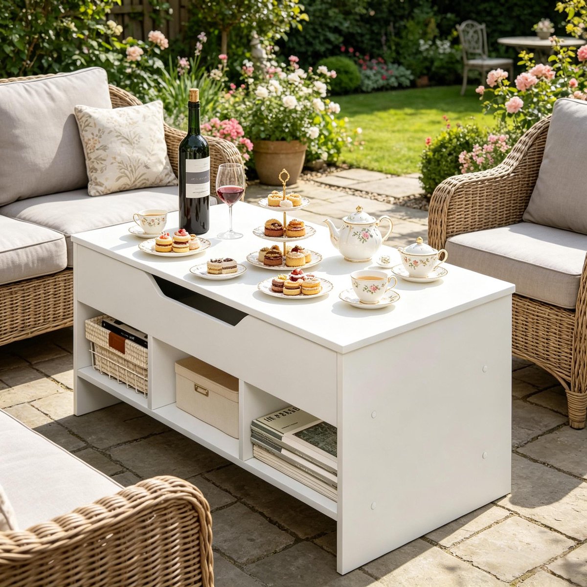 DESMIU Salontafel - Verhoogbaar Blad Met Opbergruimte - Voor Woonkamer, Werken En Eten - Hout En Metaal - 96 x 51 x 45 Cm - Wit
