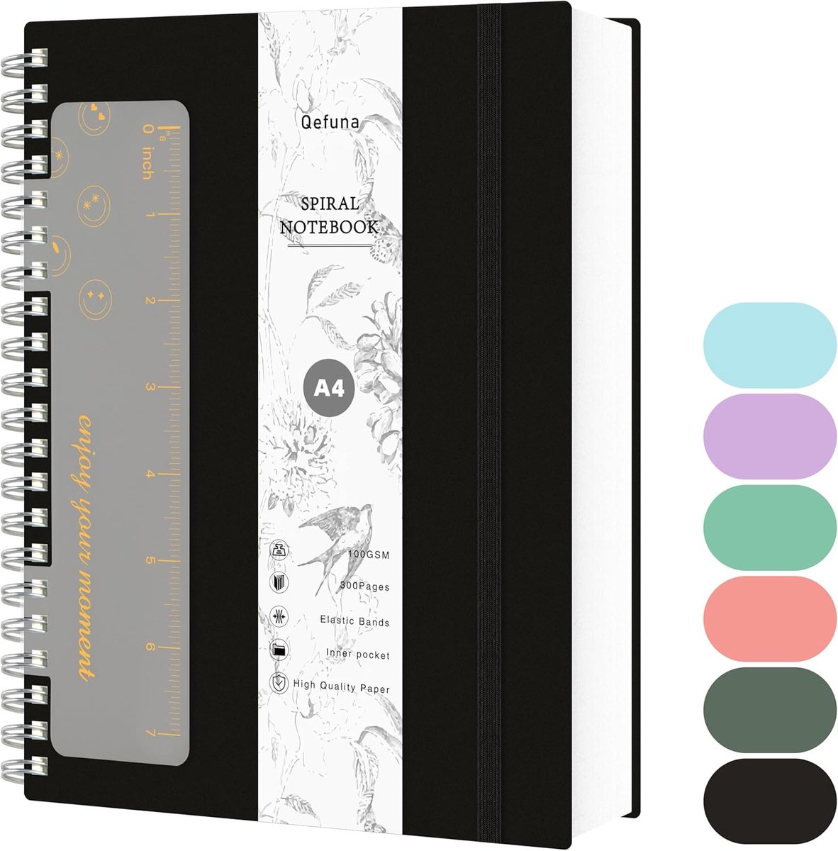 SnelShoppen - A4 Dot Notebook Bullet Journal - 300 Pagina's Spiral Notebook - 100gsm Papier - PVC Hardcover - Met Liniaal - Expandable Pocket - Zwart