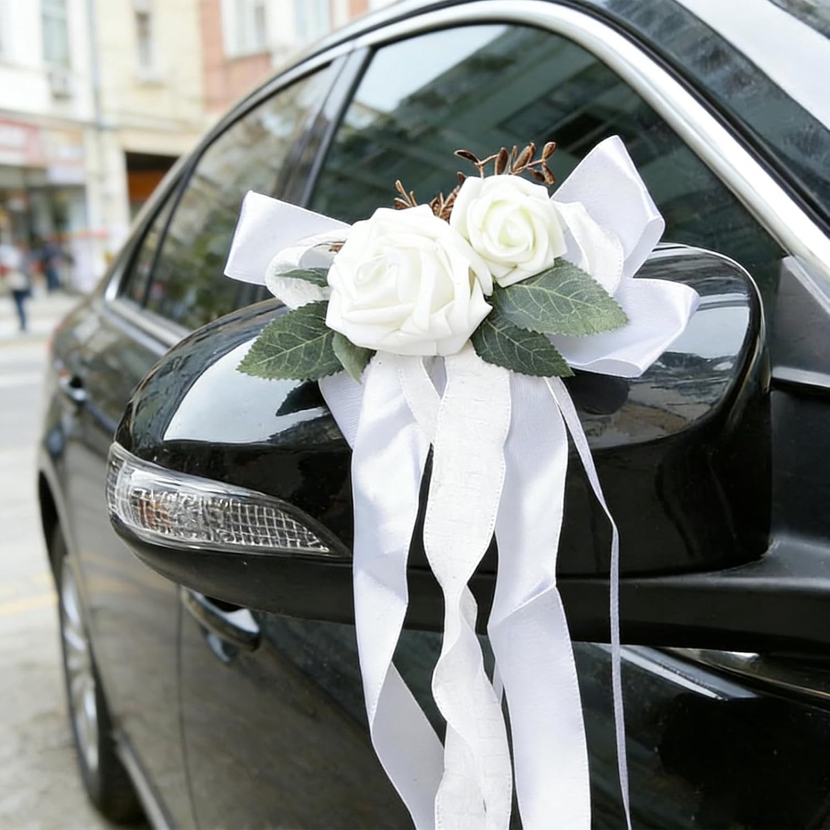 SnelShoppen - 4 Stuks Bruiloft Auto Decoratie Met Suction Cups, Nepparen Rozen Voor Deurhendels & Zijspiegels, Witte Kunstbloemen Voor Bruiloft & Fees