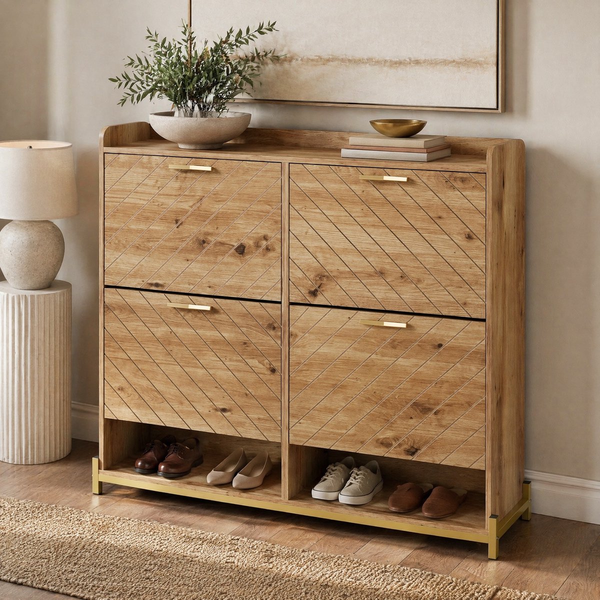 COVREO Schoenenkast 108,5 x 24 x 100 cm - houtkleur, MDF, 4 klapdeuren, smal