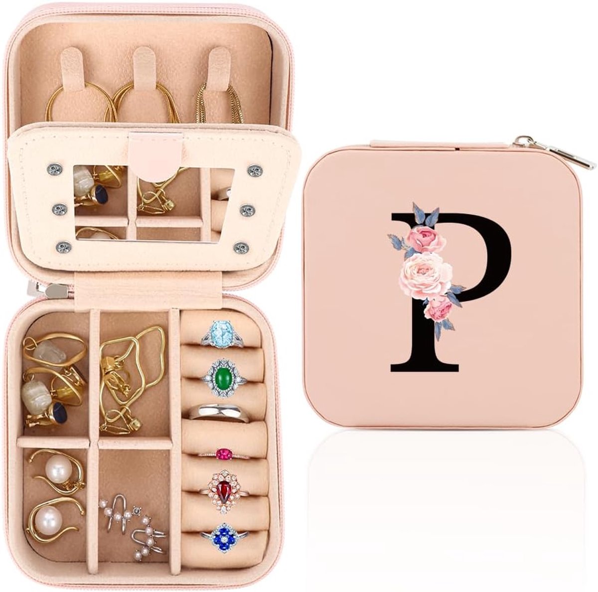 SnelShoppen - Persoonlijke Reisset Sieraden Doos voor Vrouwen met Spiegel, Compacte Sieraden Organiser A-Z, Perfect Cadeau voor Verjaardag, Moederdag,