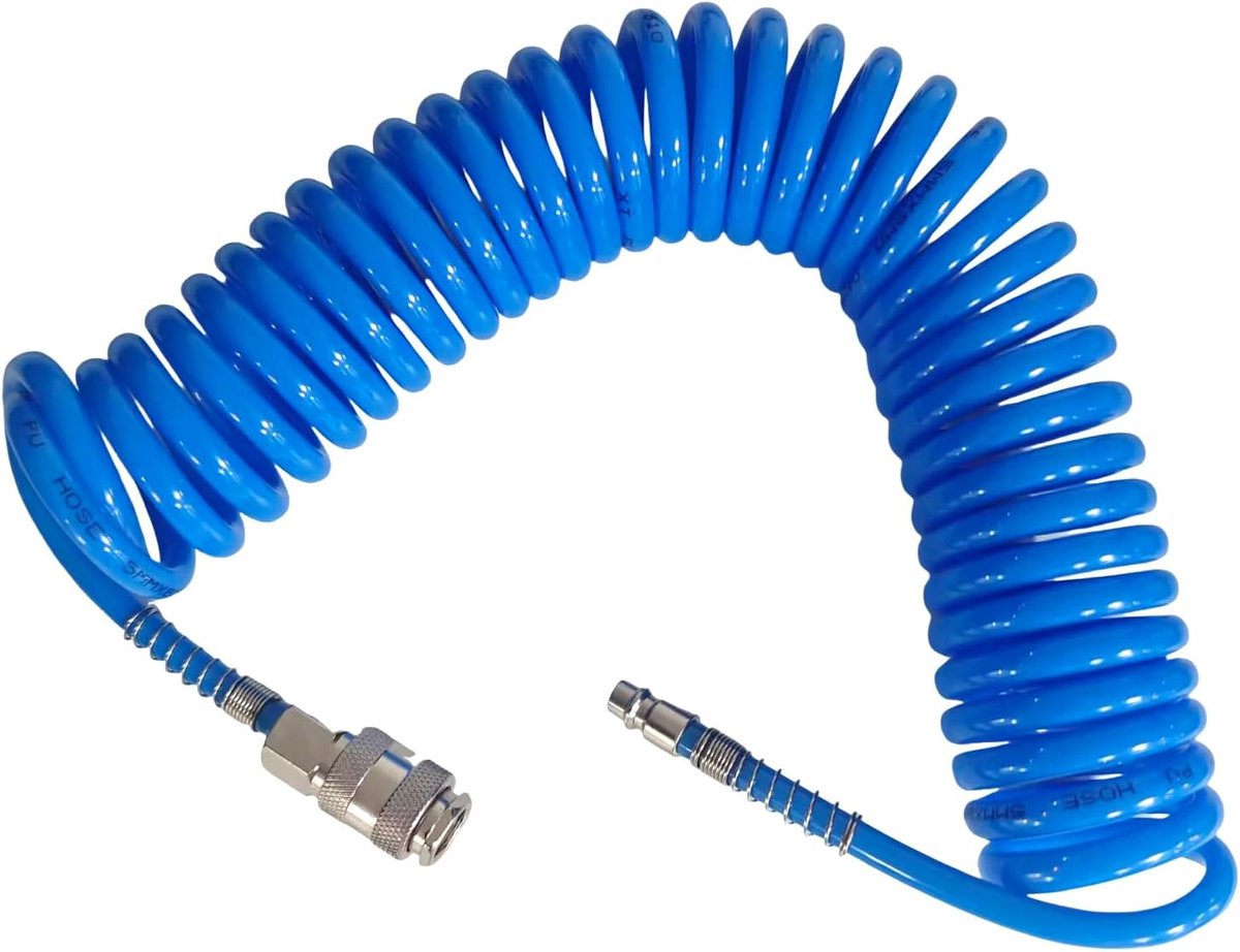 SnelShoppen - Spiral Hose Compressed Air 6 m PU Compressor Hose 1/4 Inch Aansluiting 5 x 8 mm Blauw voor Gasoverdracht - Explosiebestendig en Drukbest