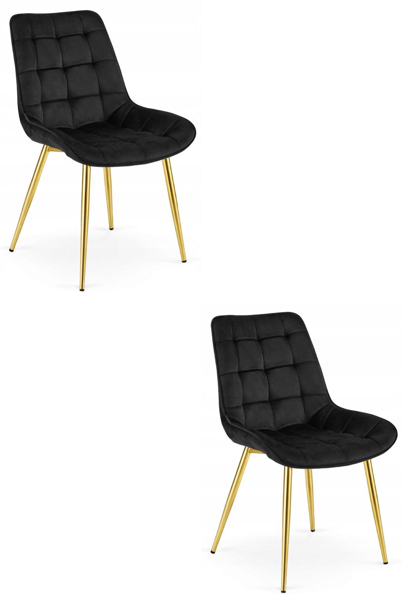 LEOBERT Set van 2 Eetkamerstoelen BERA – Zwart Velvet / Fluweel – Gestoffeerde Zitting – Goudkleurige Metalen Poten – Modern Scandinavisch Design – Voor Eetkamer, Keuken en Woonkamer