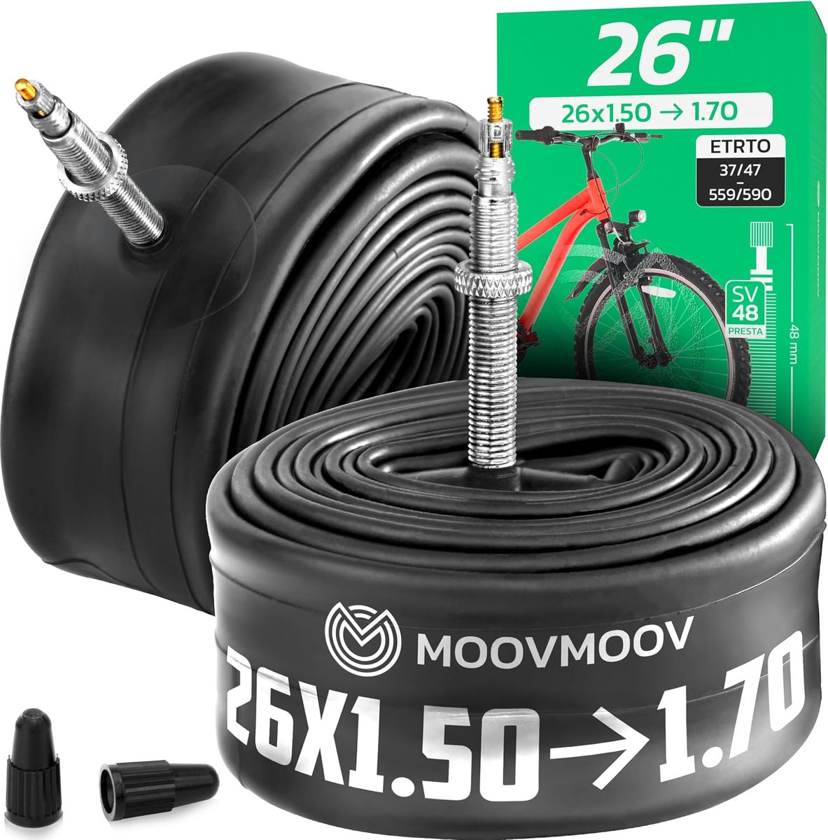 SnelShoppen - Binnenband 26 inch Set van 2 - Voor Fietsen 26x1.50, 26x1.60, Presta Ventiel 48mm, ETRTO 37-559 tot 42-590 - Duurzaam en Betrouwbaar