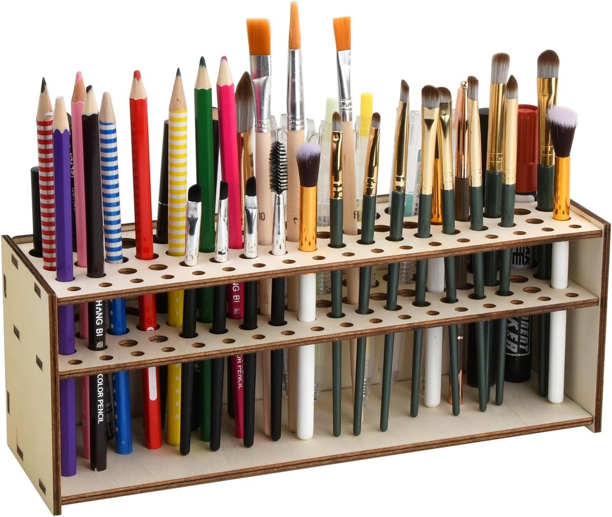 SnelShoppen - Brush Holder voor Schilderen, Hout, Make-up, Penselen, Organiser, Kleurpotloden, 67 Vakken, Duurzaam en Stijlvol