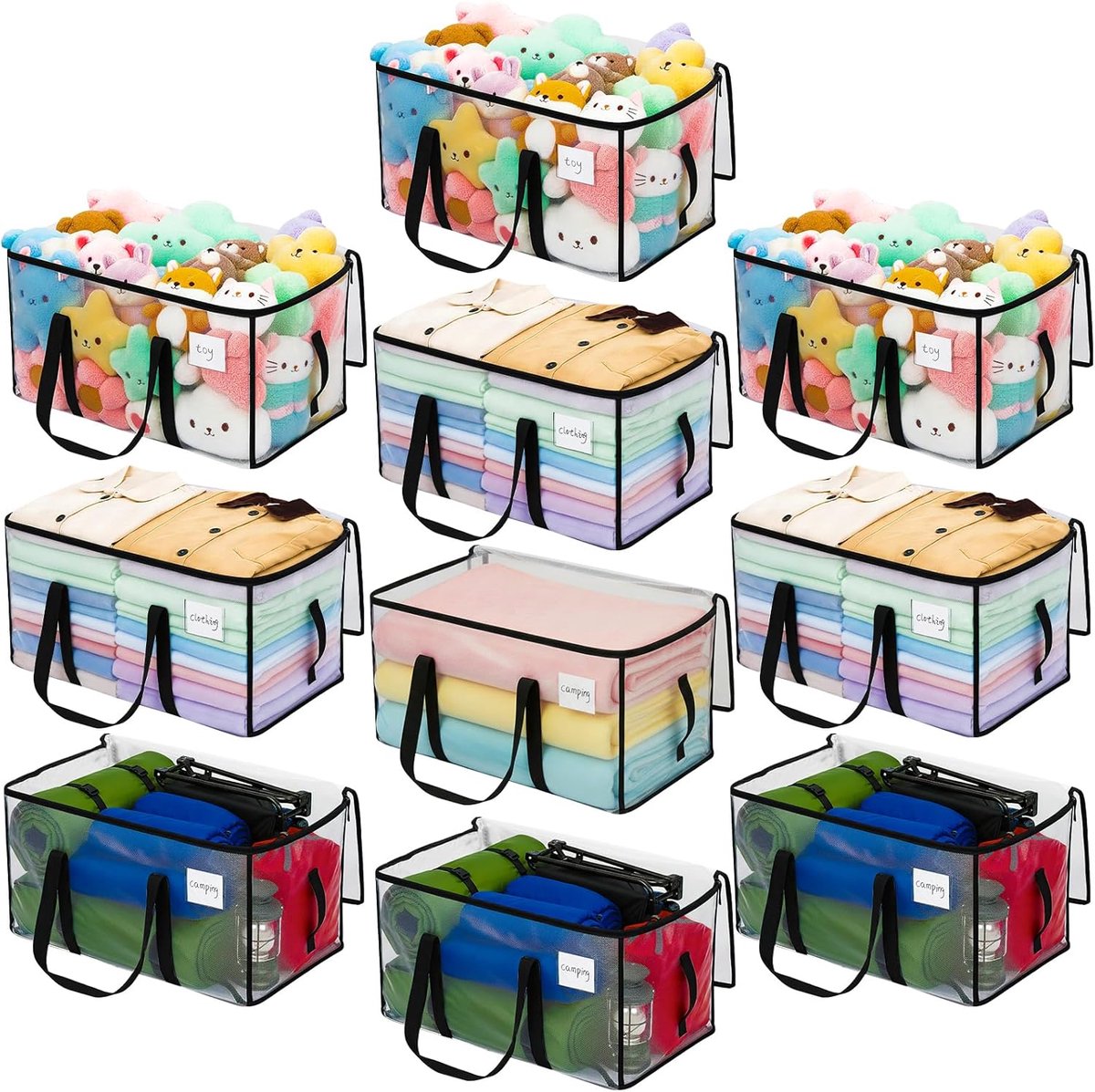 SnelShoppen - Grote Opslagzak met Deksel, Transparante Verhuizersdozen met Rits, 10 Stuks, 90 Liter, Kledingopslag, Camping, Bedtextiel, Speelgoed