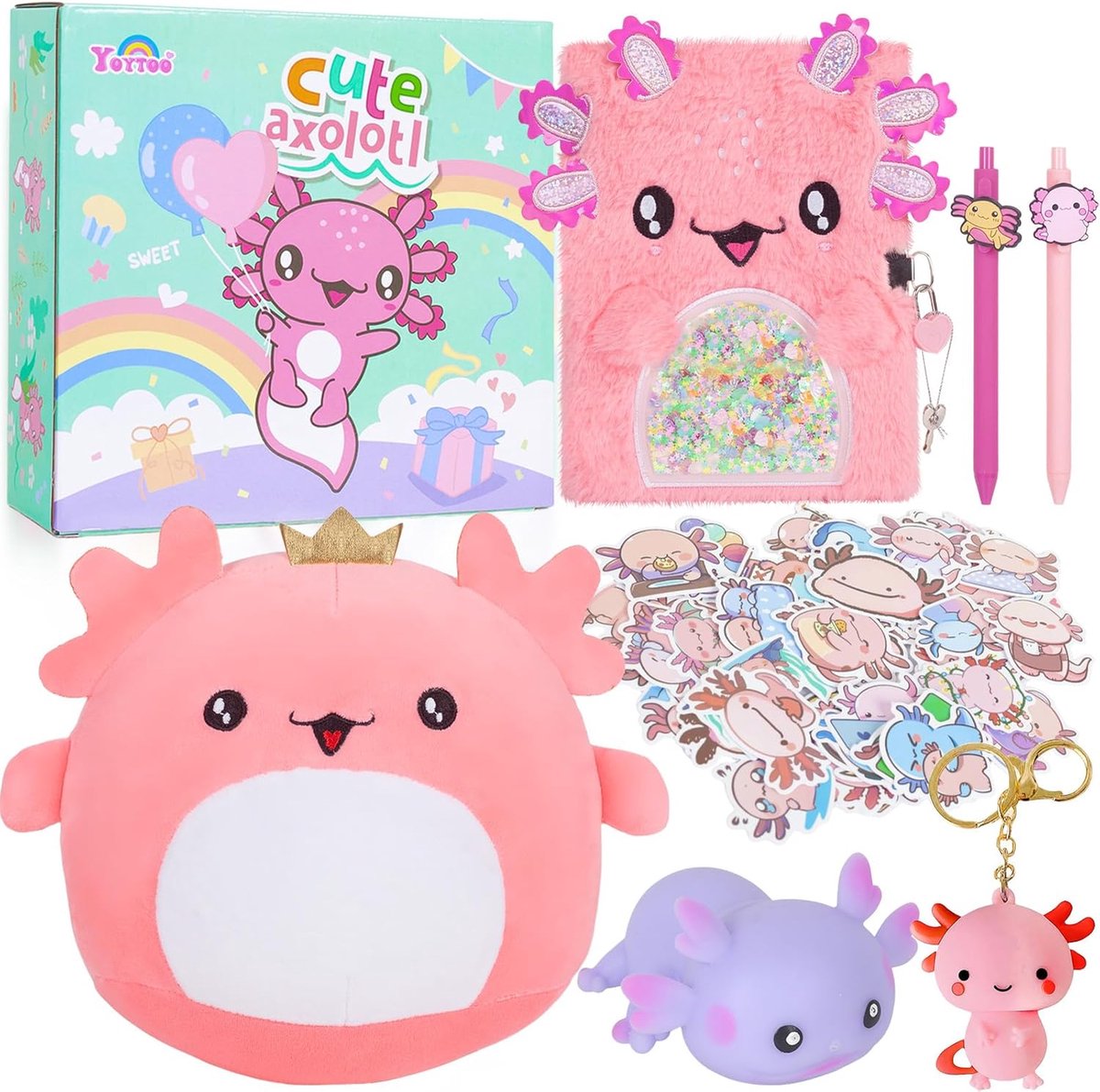 SnelShoppen - Axolotl Cadeauset voor Meisjes, Knuffel Axolotl met Dagboek, Balpen, Stickers, Verjaardagscadeau voor Kinderen 5-12 Jaar