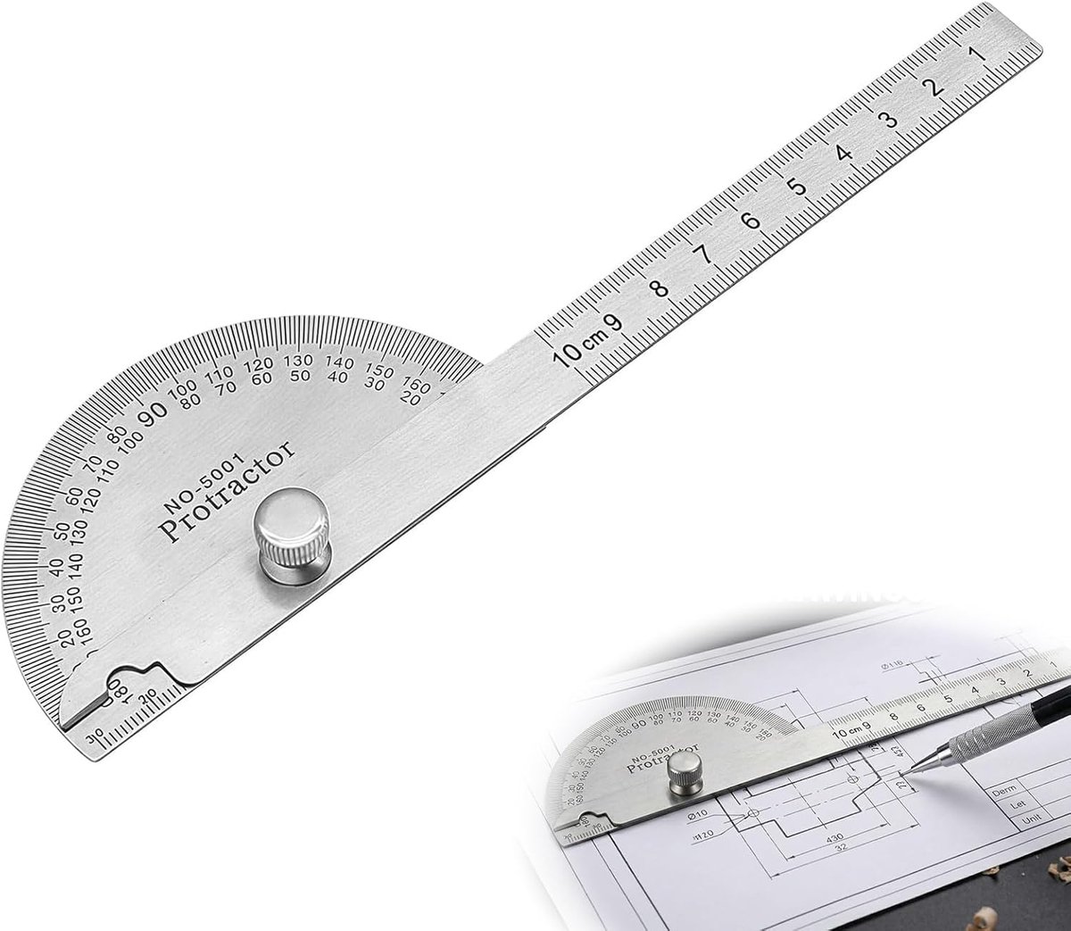 SnelShoppen - Hoekmeter 100 mm Roestvrij Staal met Puntig Mes en Borgmoer - Verstelbare Gradenmeter voor Nauwkeurig Meten van Kleine Onderdelen, Ontbr
